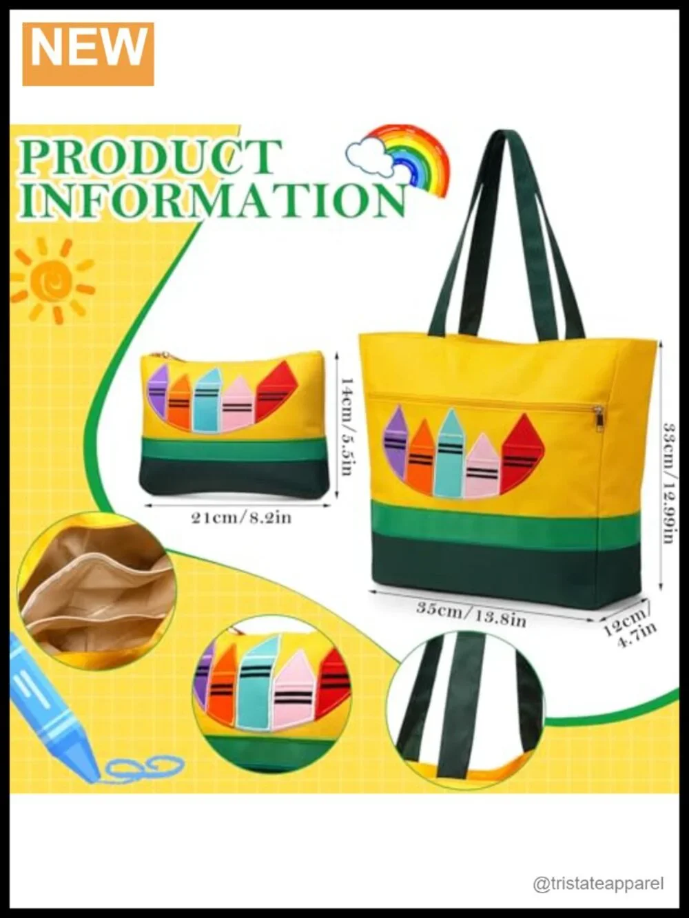 Teacher Tote and Makeup Bag Set, Twill Composite Nylon, Crayon Design, Back to